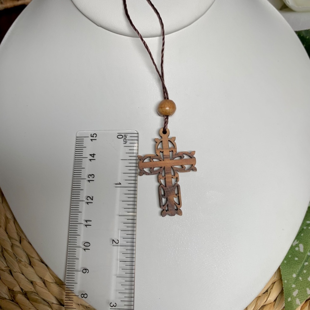 Hand carved Olive Wood cross pendant necklace - Picture 5 of 9